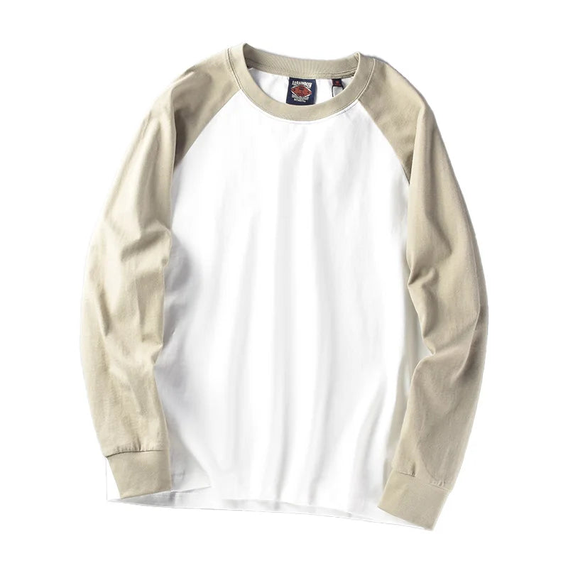 Autumn New American Retro Long Sleeve O-neck Contrast Splicing T-shirt Men's Fashion 100% Cotton Washed Old Casual Sport Tops