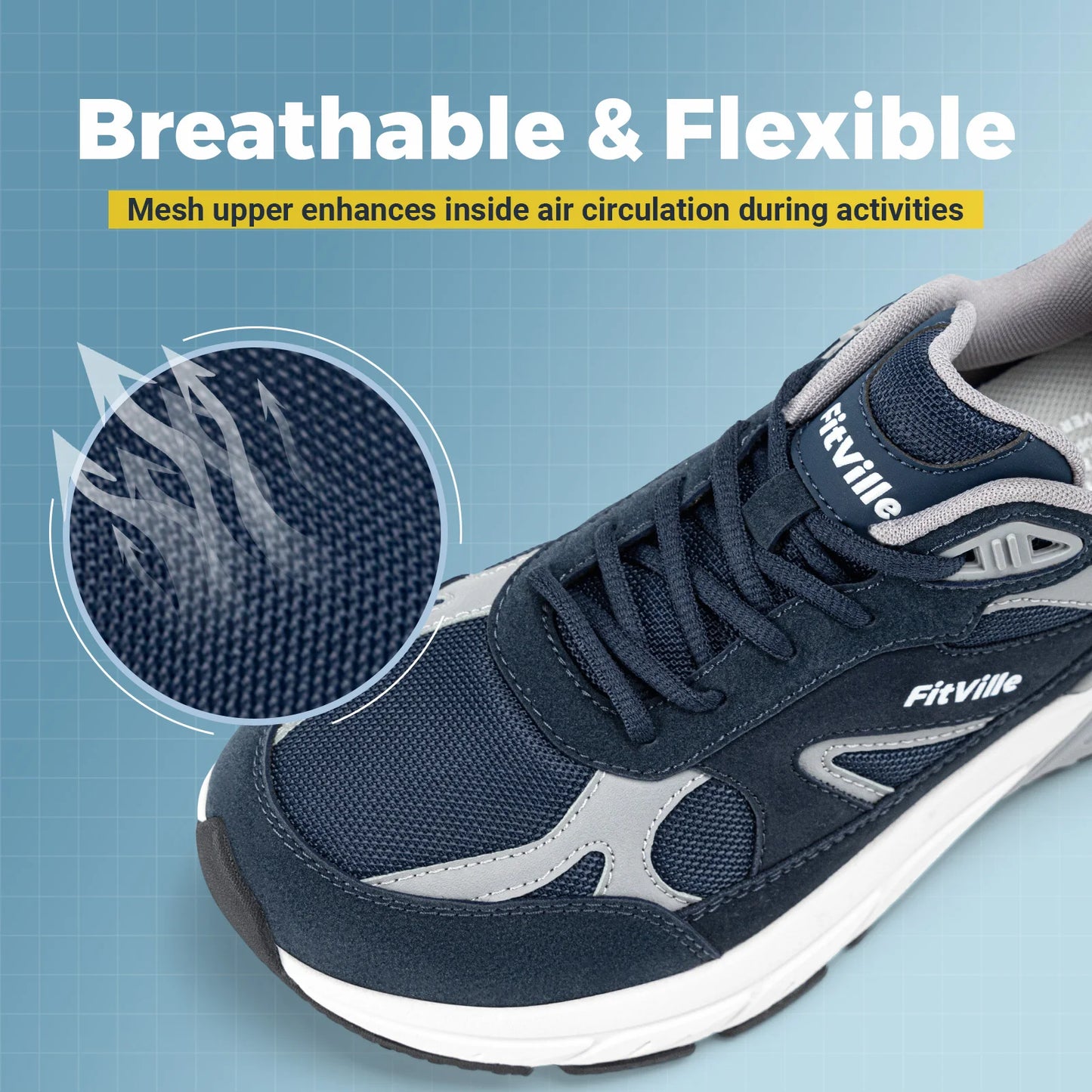 Men's Walking Shoe Wide Width Sneakers with Arch Support For Flat Feet Heel Pain Relief in Plantar Fasciitis