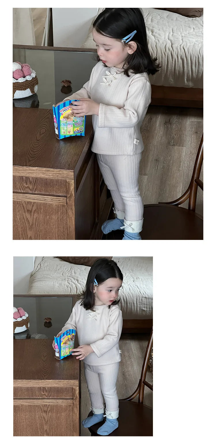 2025 Winter Nieuwe Baby Dikke Warme Kledingset Meisjes Strik Fleece Bottoming Shirts + Leggings 2 Stuks Pak Peuter Plus Fluwelen Kleding
