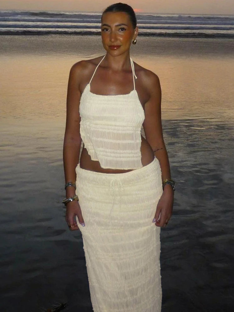 Sexy See-Through 2 Piece Set Women Lace-Up Halter Backless Crop Tops + Ruched Elegant Skirts Vacation Beach Party Suits