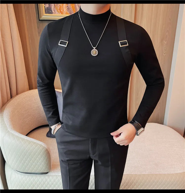 Men's Strap Long-Sleeved T-shirt For Autumn and Winter, Slim Fit Half Turtleneck Bottoming Shirt, Fashion City Knitwear