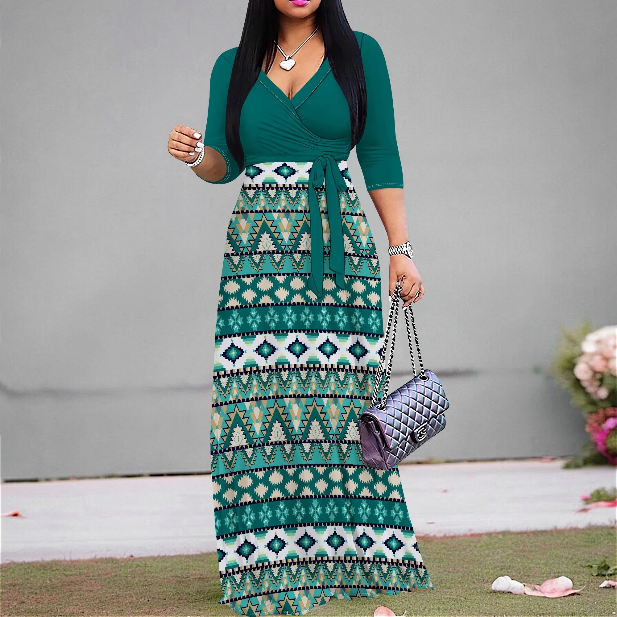 Women's Floral Print Maxi Dresses Summer with Pockets Casual 3 4 Sleeve V-Neck Wrap Tie Waist Long Dress