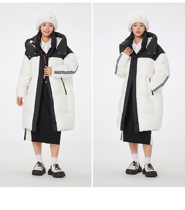 Women's Knee-Length Padded Coat With Detachable Hood, Stylish Colour-Blocking Windproof, Warm Duck Down Jacket For ladies