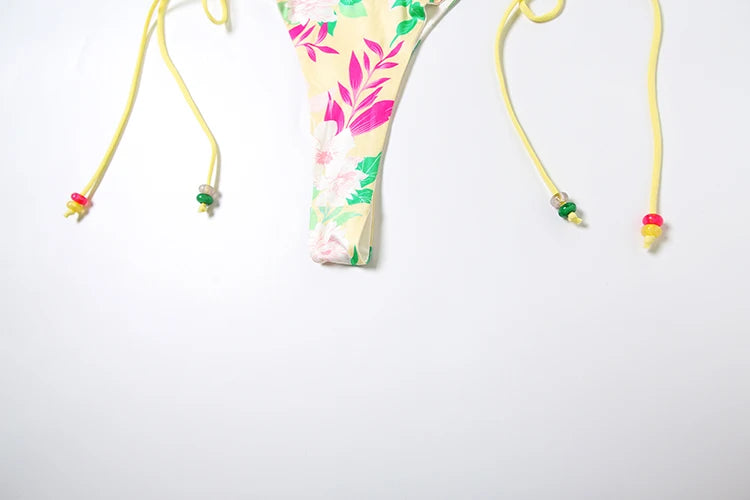 Lotus Print 2 Piece Set Women Halter Low-Neck Backless Tank Tops + Shirring Thong Vacation Fashion Beach Style Swimsuit