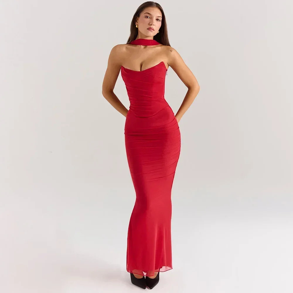Elegant Women 2 Piece Dress Set 2024 Strapless Bodycon Crop Top and Maxi Skirt Set Formal Wedding Guest Party Dress