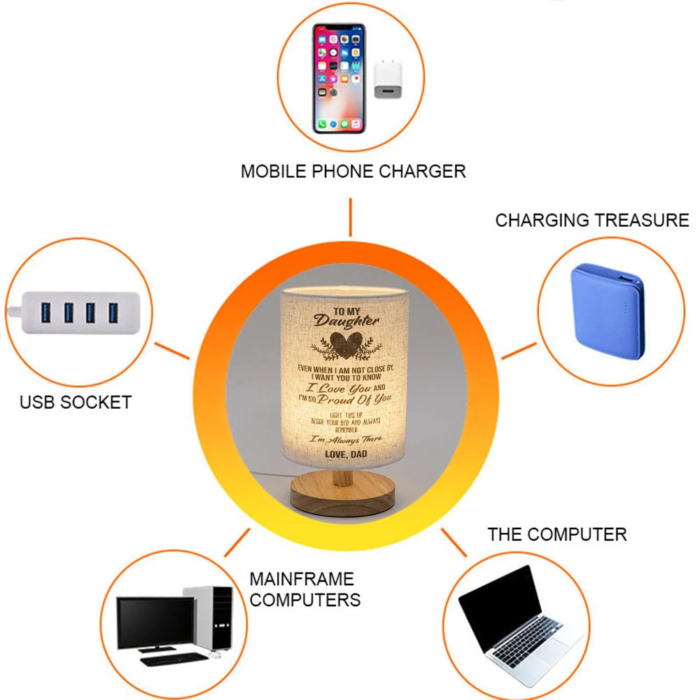 LED European Cloth Cover Table Lamp Solid Wood Base USB Plug Simple Nordic Bedroom Desktop Eye Protection Bedside Table Lamp