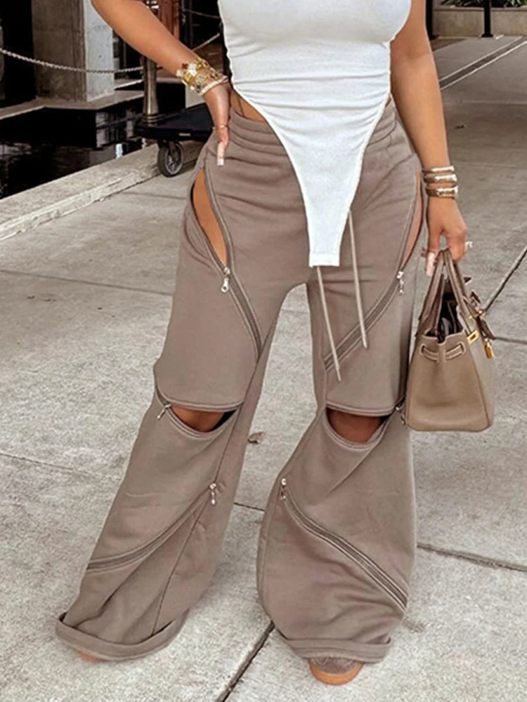 Zip Hollow Pants Street Fashion Trend Casual Sportief Effen Chic Devise Onregelmatig Basic Hipster Wijde Broeken Voor Vrouwen
