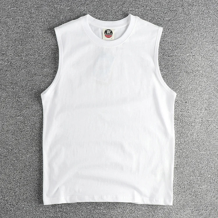 2025 Summer New American Retro Sleeveless O-neck Solid Color T-shirt Men's Fashion 100% Cotton Basketball Sports Casual Vest