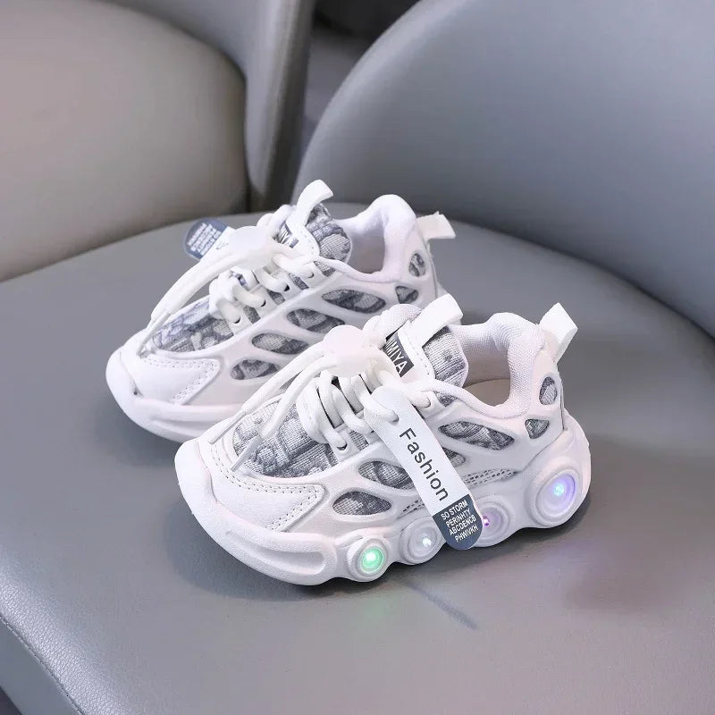 Kids LED Light Up Sneakers - Glow Boys 1-6 Years Breathable Mesh Sporty Shoes Casual Letter Webbing Luminous Footwear