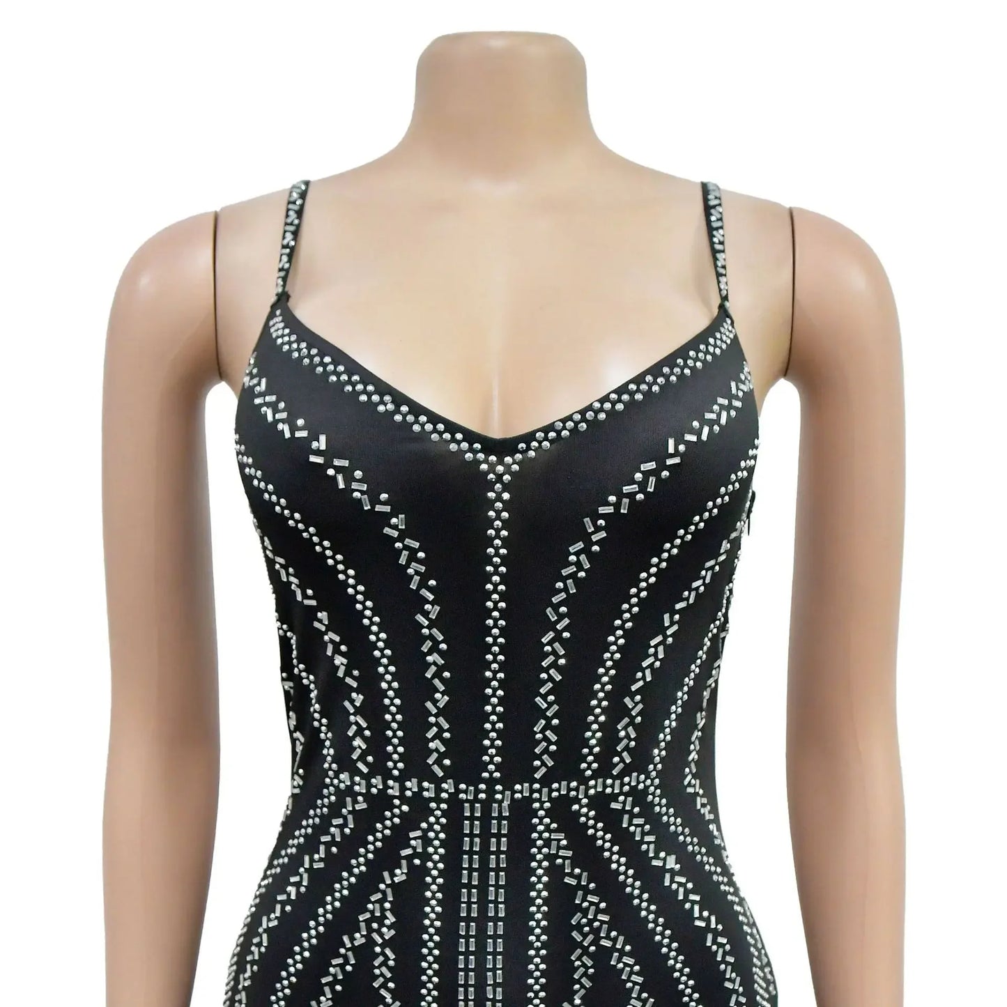 Women's Sexy Solid Color Spaghetti Strap Rhinestone Decor Deep V Neck Party Dress