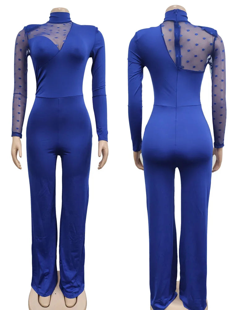 Women Dot Mesh Patchwork Long Sleeve Straight Jumpsuit