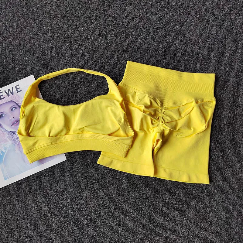2-delige yogapak voor vrouwen Naadloze fitnesskleding Halter sportbeha Bijpassende impact shorts Trainingssets Gymset Outfit