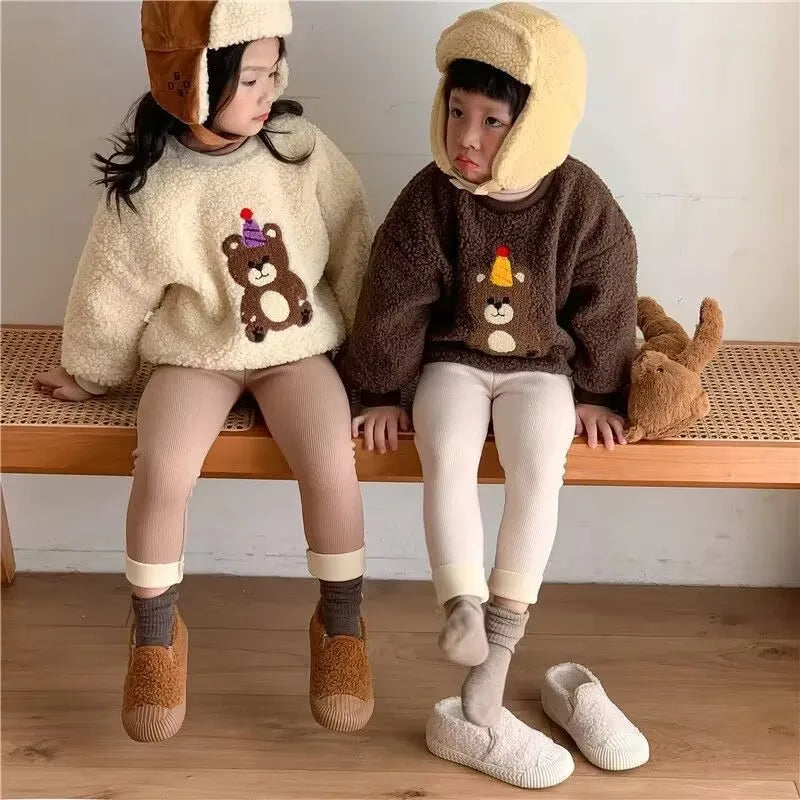 New Autumn Kids Leggings Girls Cute Bear Fur Padded Skinny Pants Children Warm Cartoon Elastic Leggings 4-6Y Girls