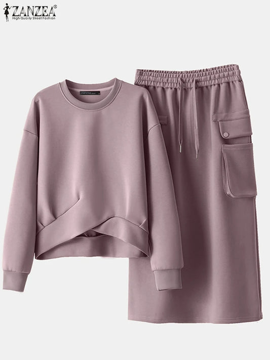 Daily Wear Elastic Waist Skirt Dress Sets Casual Spring Loose Solid Skirt Suits Women Knotted Hem Sweatshirt 2pcs Outfits