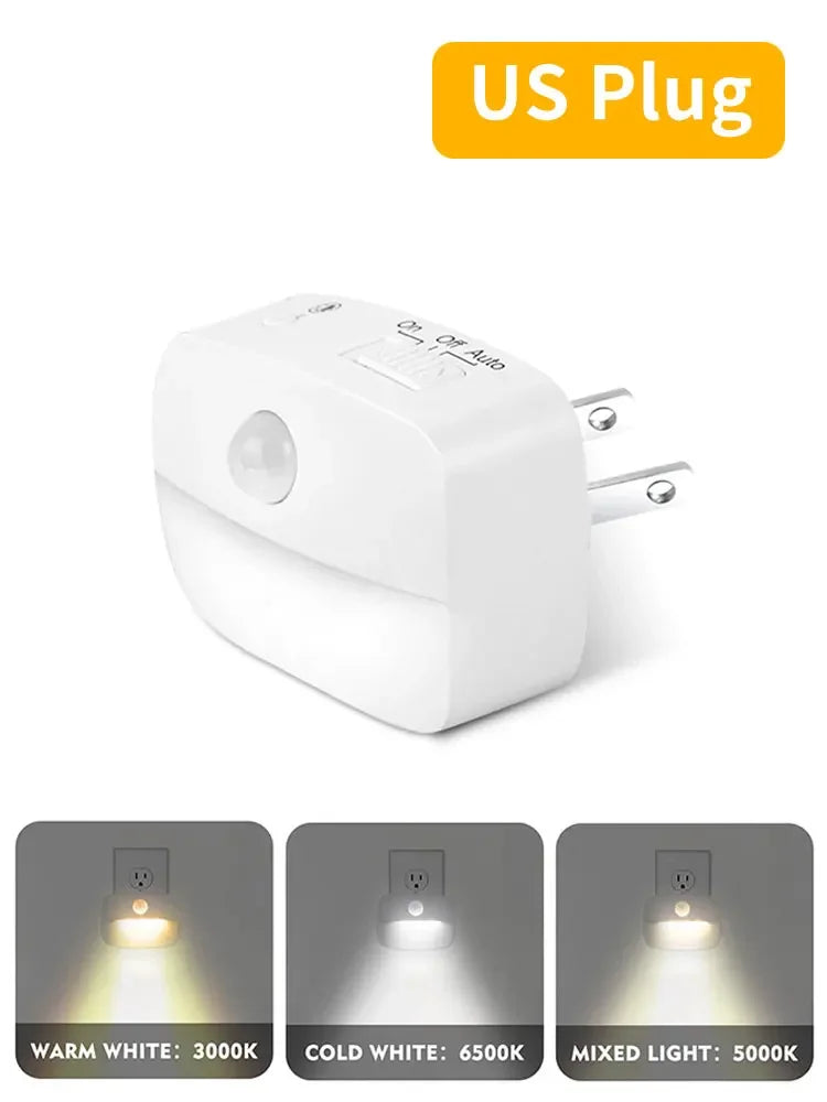 3-kleuren LED-nachtlampje met bewegingssensor EU US-stekker PIR-menselijke infraroodinductielamp voor slaapkamer, gang, trap, keuken