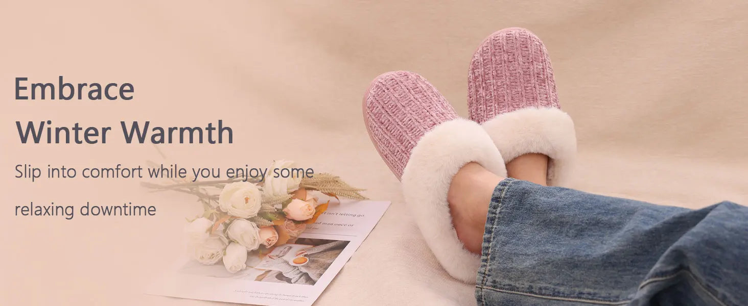 Women's Fleece Lined Warm House Cotton Slippers With Memory Foam and Non-Slip Cosy Fluffy Sole Plush Knit Slides Suitable For Bedroom Use