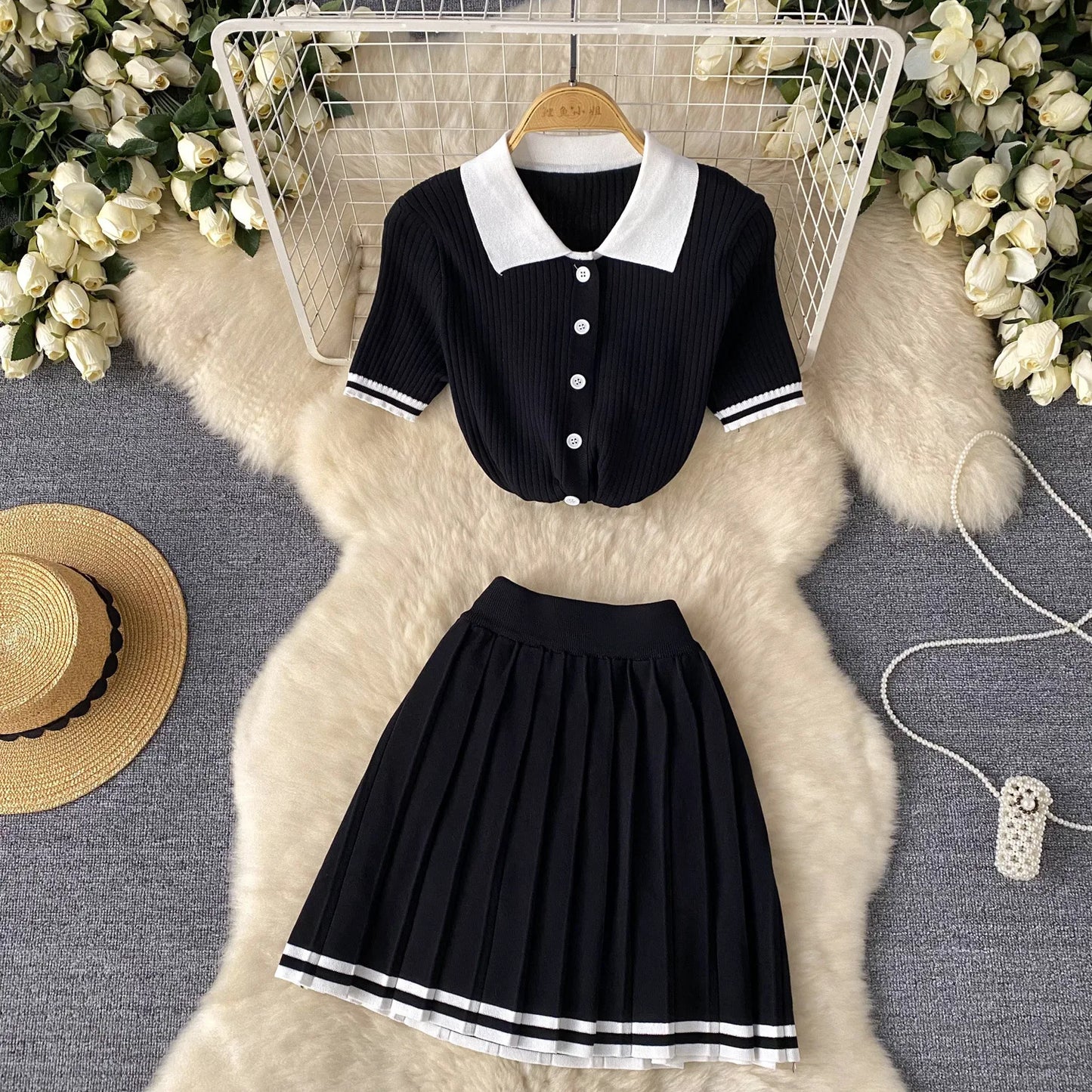 Women's Fashion Patchwork 2 Piece Set Polo-Neck Single-Breasted Tops + Ruched Ruffles Mini Skirts Y2K Style Street Outfits