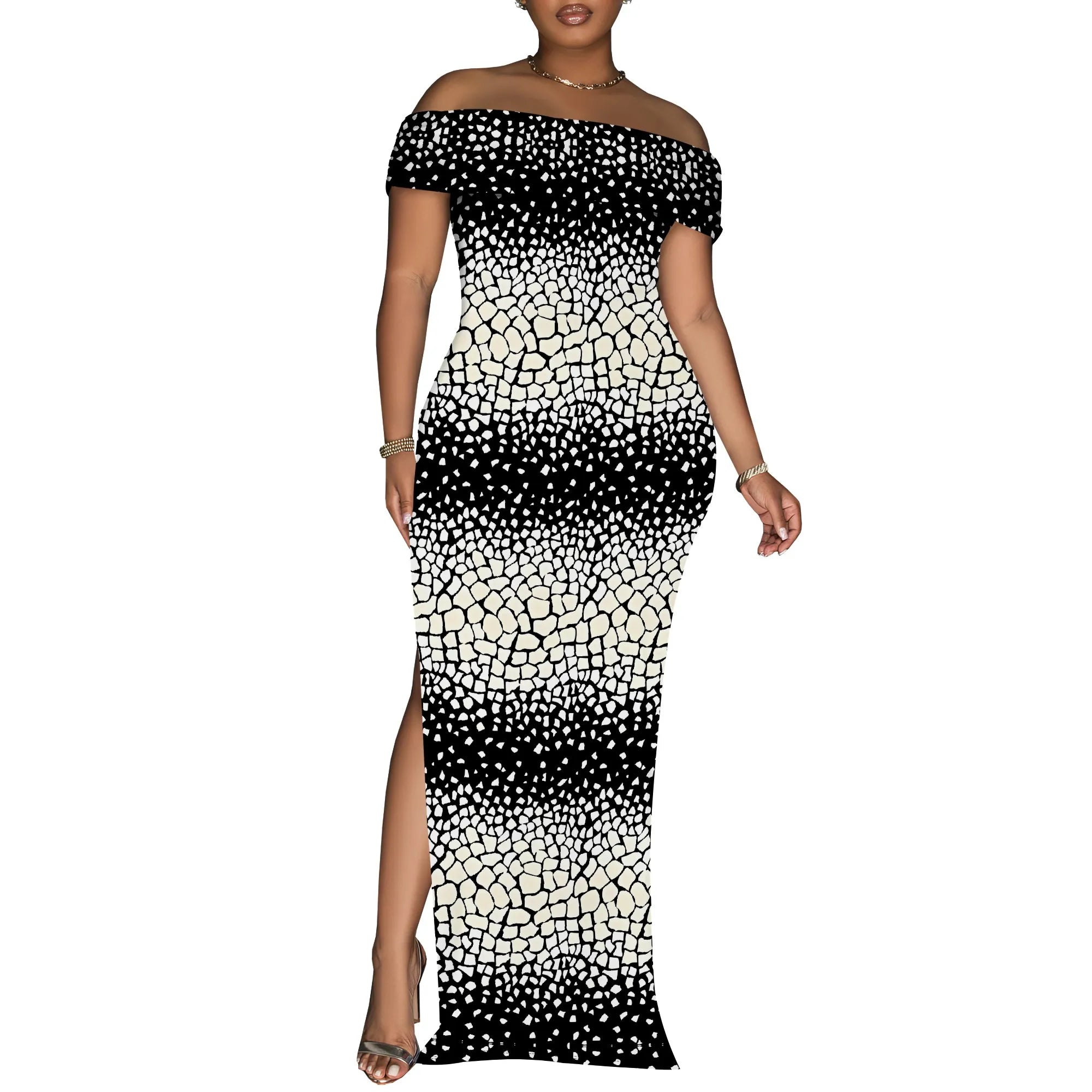 Elegant Off Shoulder Maxi Dress Ink Floral Print Bodycon Split Hem Summer Evening Look