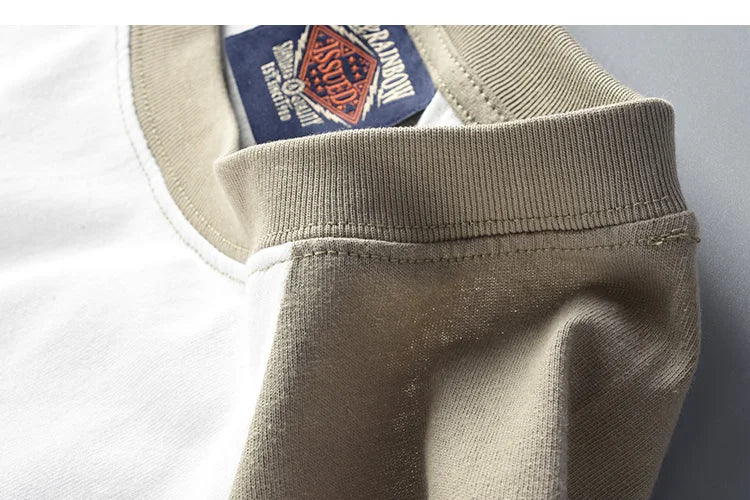 Autumn New American Retro Long Sleeve O-neck Contrast Splicing T-shirt Men's Fashion 100% Cotton Washed Old Casual Sport Tops