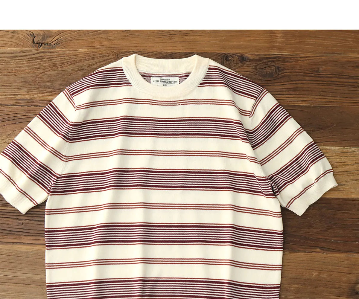 2025 Zomer Nieuwe Amerikaanse Retro 280G Korte Mouw O-hals Gebreid Gestreept T-shirt Heren Eenvoudig 100% Katoen Gewassen Casual Slim Tops