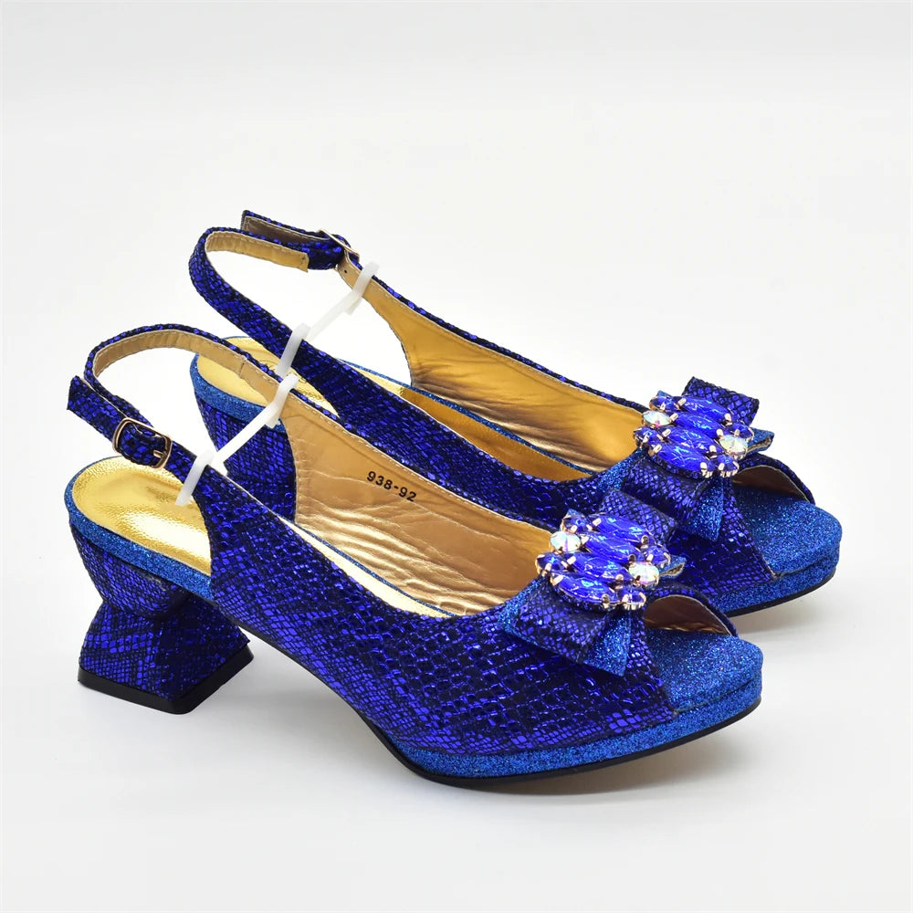 Women's Elegant Medium Heeled African Ladies Shoes and Bags Decorated with Rhinestone for Ladies' Luxury Pumps