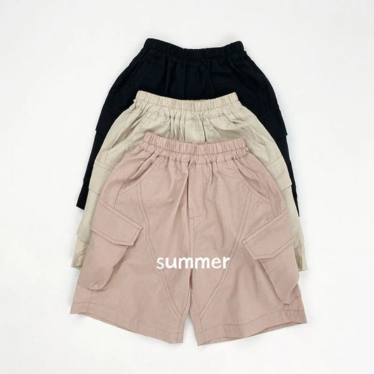 Summer Kids Overalls Cute Solid Colour Sack Boys Five Quarter Pants Children Elastic Waist Girls Workwear Short 1-6T Unisex
