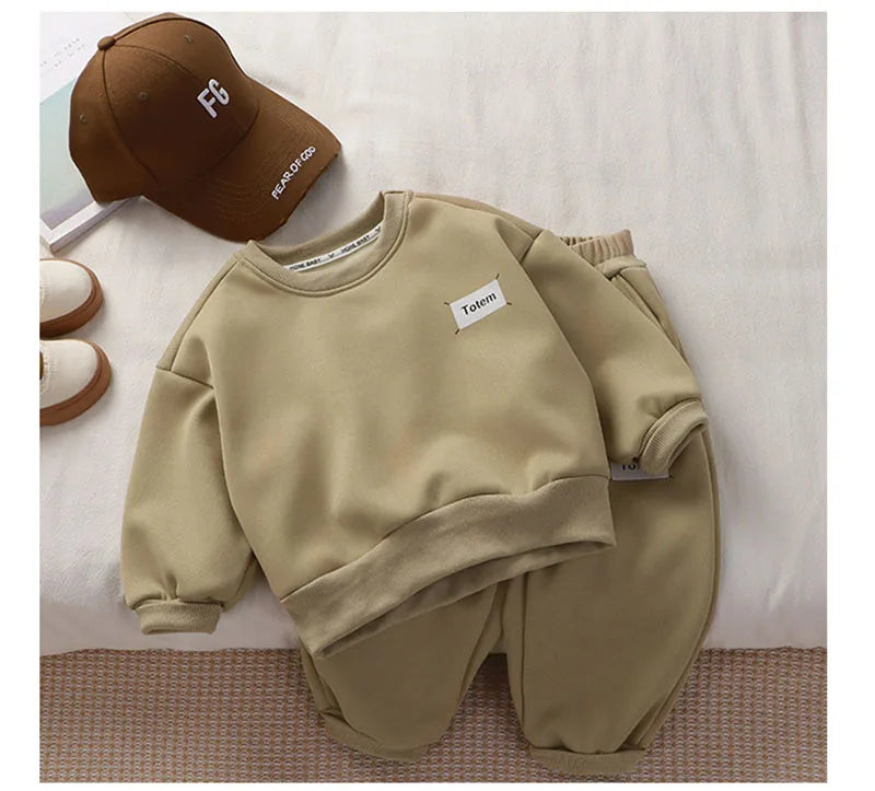 Kids Thicken Clothes Set Girls Cute Solid Colour Letters Sweatshirt + Pants Children Sports Suit Boys 2PCS Outwear 2-8T Unisex