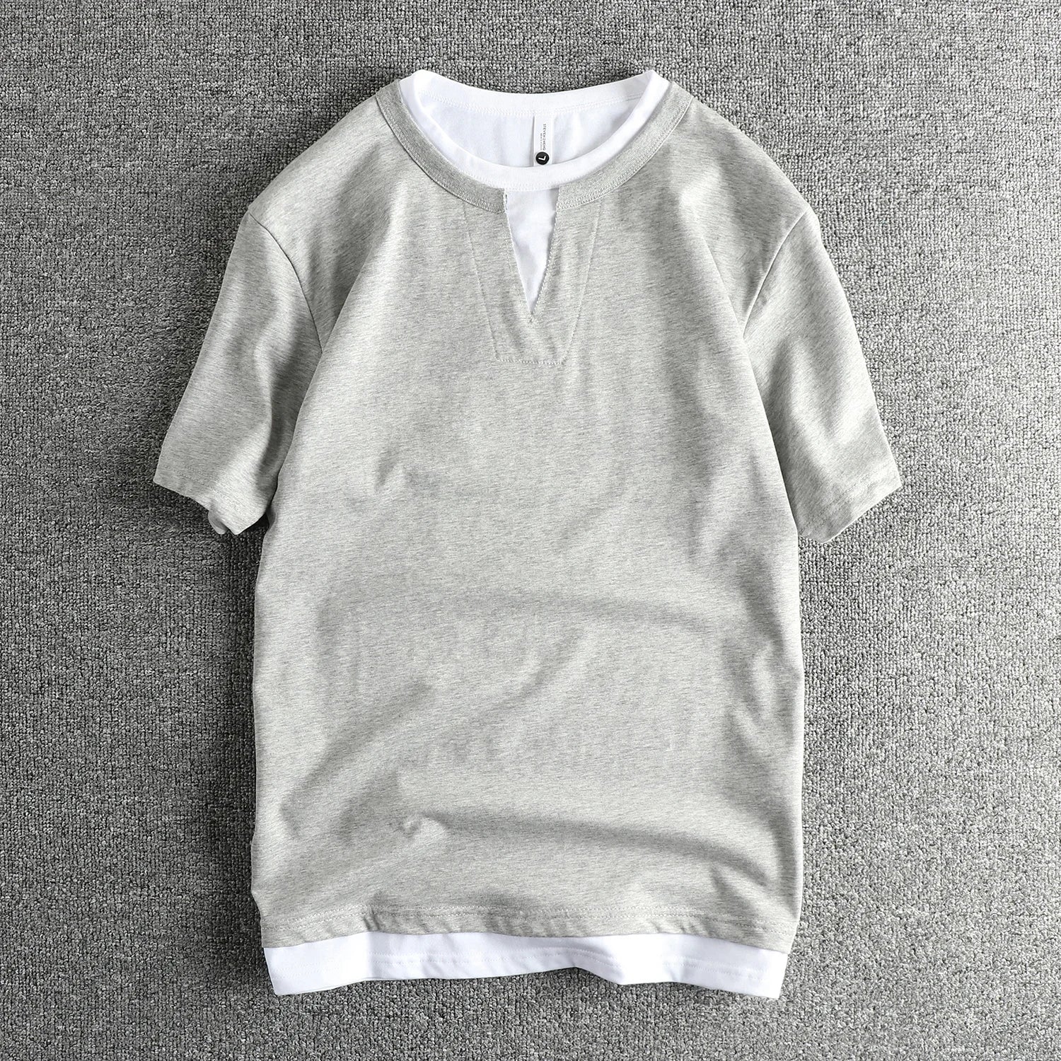 2025 Summer American Retro Short Sleeve V-neck Fake Two Pieces Solid Color T-shirt Men's 100% Cotton Washed Youth Casual Tops