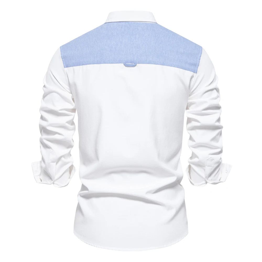 Men's Spring Patchwork Oxford Shirt Casual Wear Cotton Blend Pocket Shirts For Men