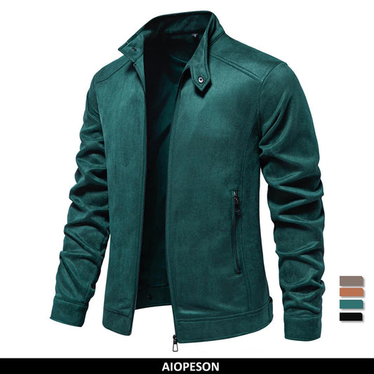 Men's Stand Collar Zip Suede Jacket Fashion Casual Business Faux Leather Trucker Jackets Coat for Men