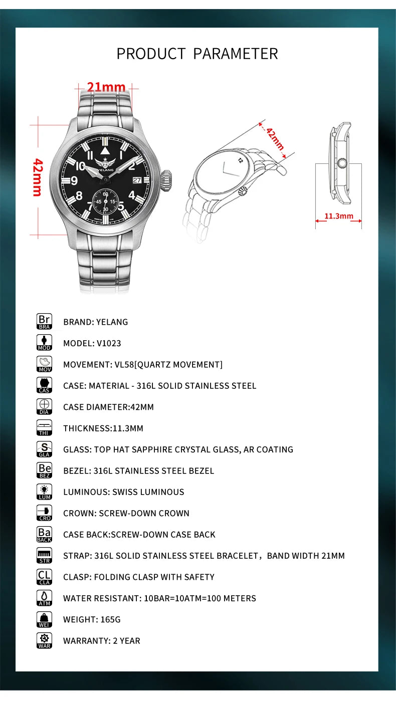 Yelang V1023 Men Watch Japanese VL58 Movement Casual Men's Quartz Watch 10ATM 100m Waterproof Luminous Sports Watch Sapphire