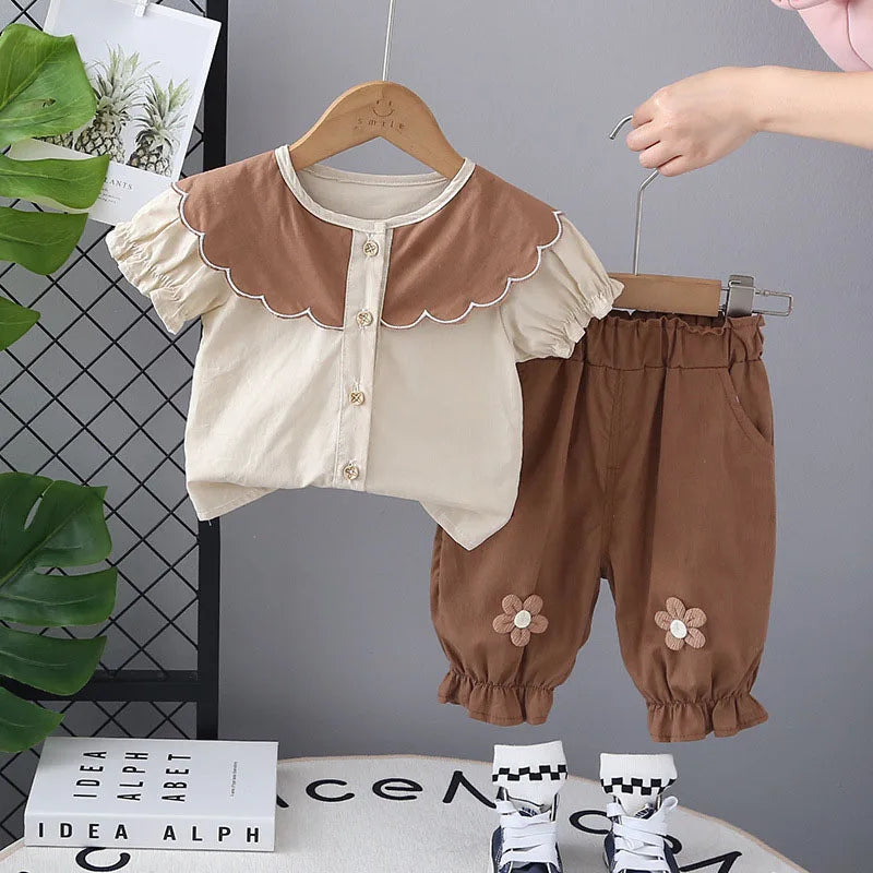 New Summer Kids Clothes 2PCS Set Cute Doll Collar Girls Shirt + Flower Pants Children Thin Style Outwear 12M-5T Girls