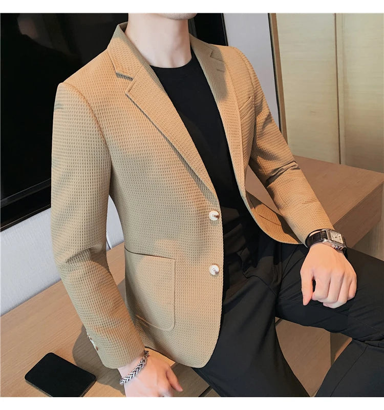 Men’s Waffle Plaid Blazer Coat, Hounds-Tooth Pattern, Wool-Blend Overcoat for Autumn & Winter - Lightweight, Stretchable