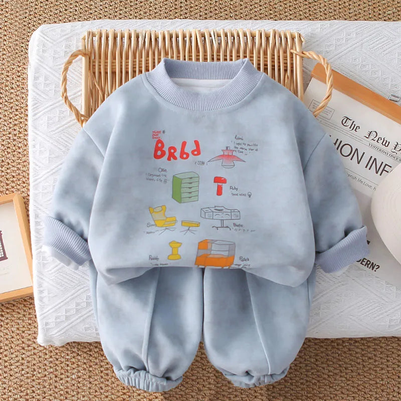 New Autumn Children Sweatshirt Set Sweet Cartoon Boys Hoodie + Sweatpants Kids 2PCS Printing Casual Suit 1-5T Unisex