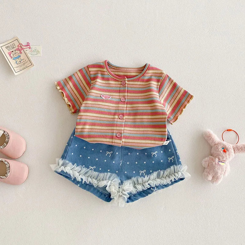 New Summer Girls Colourful Striped Cardigan Kids Short-Sleeved Knitted Sweater Children Cute Lace Bow Jeans 0-5Y Girls