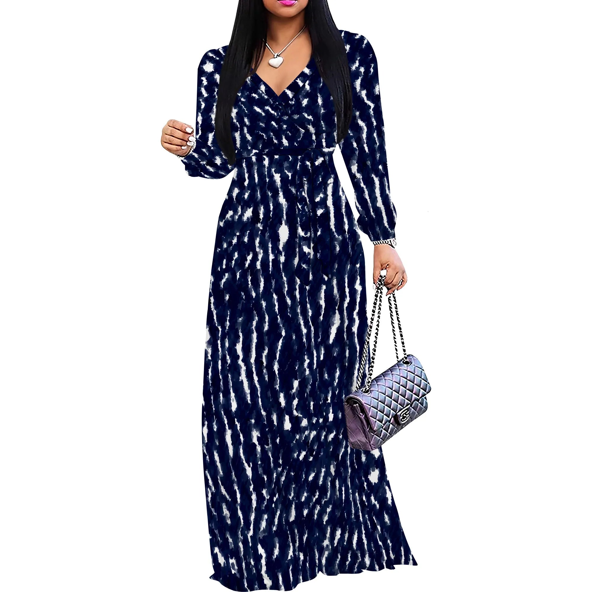 Tie-Dye V-Neck Long Sleeve Maxi Dress Women Casual Boho Fall Holiday Outfits