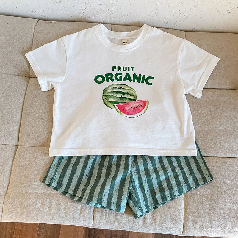 Children's Summer Clothes 2PCs Set Boys' Pure Cotton Striped Tee and Shorts Suit Cute Girls Suspenders Dress Siblings' Outfit Unisex