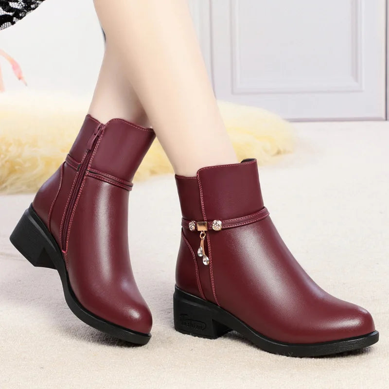 Women's Mother Female Genuine Leather Shoes Ankle Boots Winter Fur Plush Wool Warm Zipper