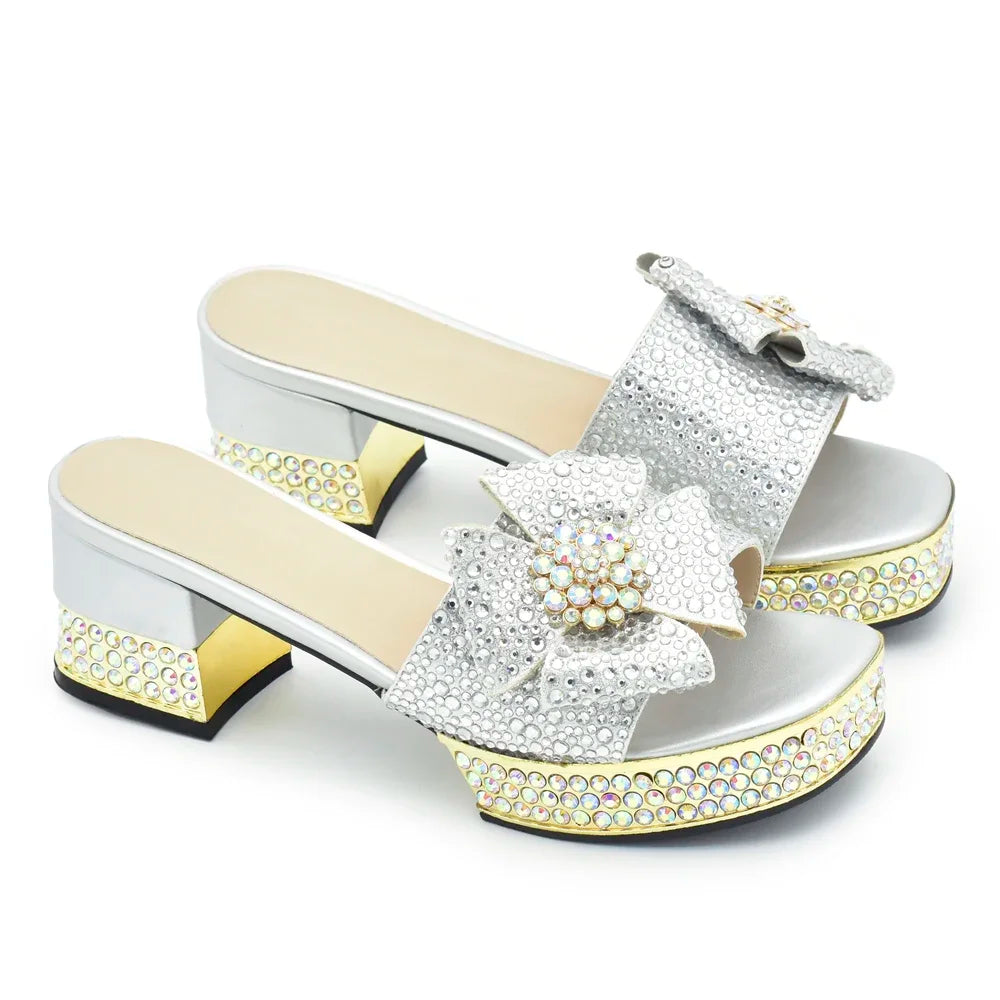 Fashion Crystal Women's Dress Pumps Open Toe Ladies Sandals with Heels African Women Wedding Shoes Decorated with Rhinestone
