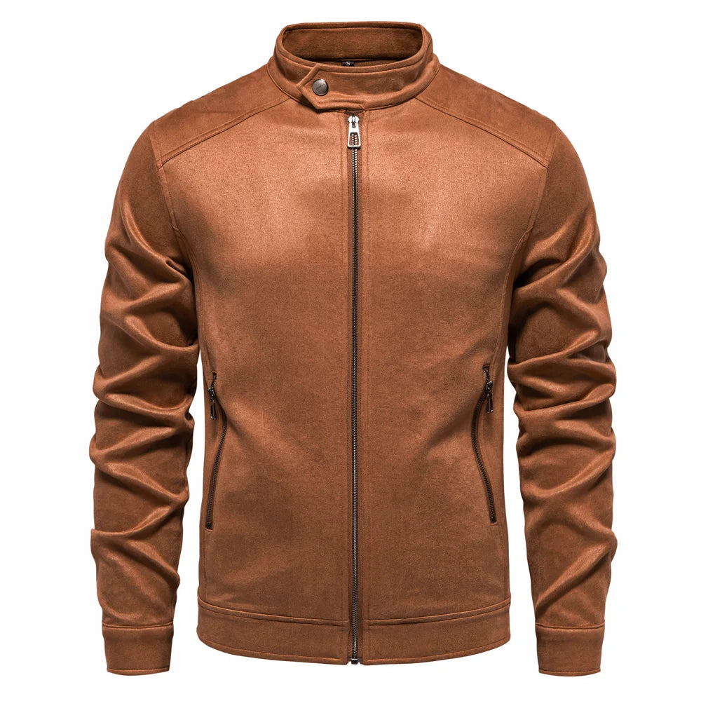 Men's Stand Collar Zip Suede Jacket Fashion Casual Business Faux Leather Trucker Jackets Coat for Men