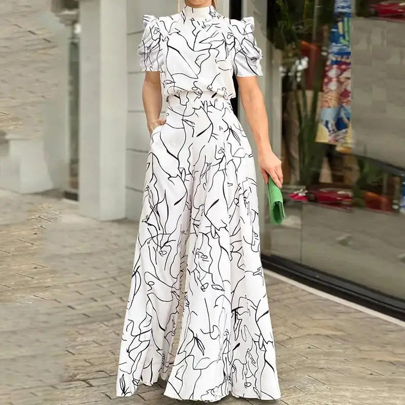 Women Jumpsuit Loose Fashion Elegant Long Pants Short Sleeve Halterneck Art Print Sets High Streetwear