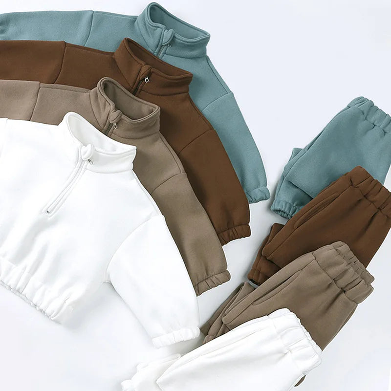 Baby Children's Fleece Lining Hoodies Set Spring Autumn Boys Sports Clothes 2PCS Girls Turtleneck Pullover Casual Suit 1-6Y Unisex