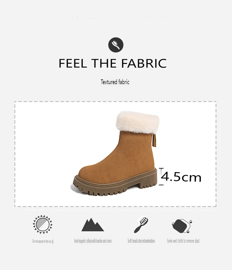 Women's Winter Boots 2024 New Fashion Velvet Lined Solid Color Ankle Square Heel Round Toe Outdoor Snow Boots Thick Soles Zipper