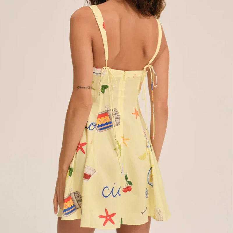 Cute Print Yellow Sexy Corset Style Sling Mini Dresses Women Summer A-line Holiday Dress Backless Robe