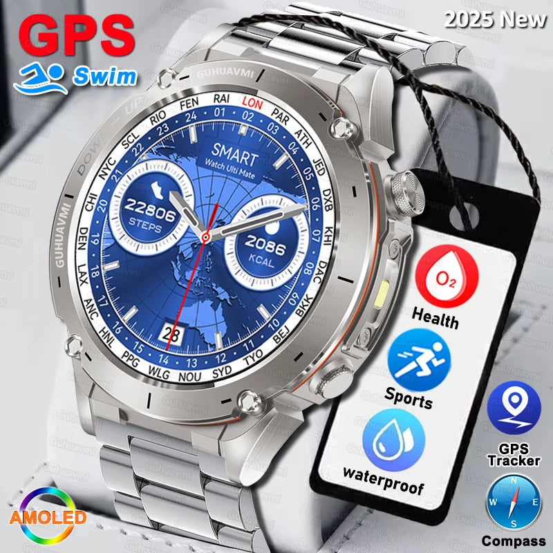 2025 New Rugged Military GPS Smart Watch Built-In GPS Tracker Compass Sports Fitness Tracking Smartwatch - Compatible with HUAWEI & Xiaomi IOS