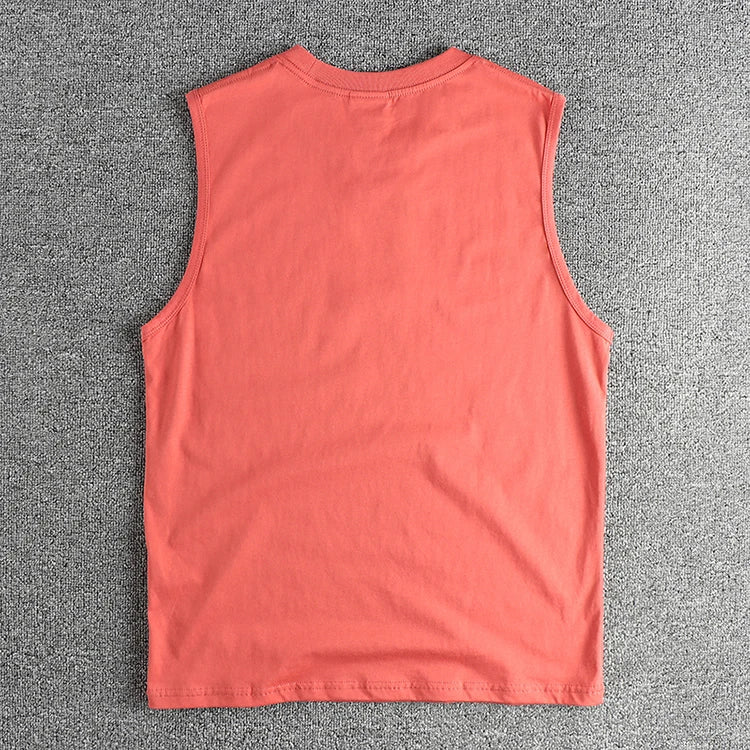 2025 Summer New American Retro Sleeveless O-neck Solid Color T-shirt Men's Fashion 100% Cotton Basketball Sports Casual Vest