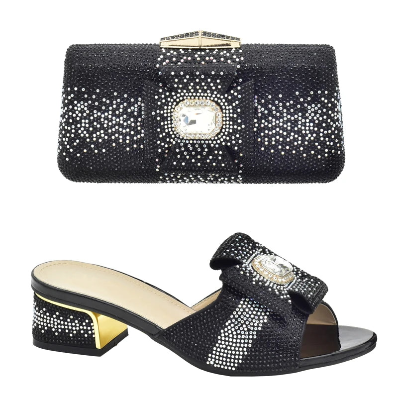 Italian Women Elegant Low Heel Shoes and Bag Set Decorated with Rhinestone for Ladies' Wedding Bride Shoes