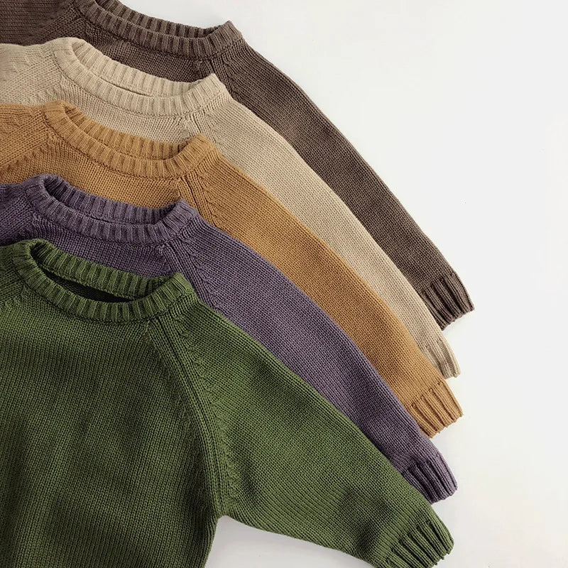 Pure Cotton Solid Kids Sweaters Vintage Boys Pullover Knitwear Toddler Girls Sweater Shirt Outwear For Children 1-6Y Unisex