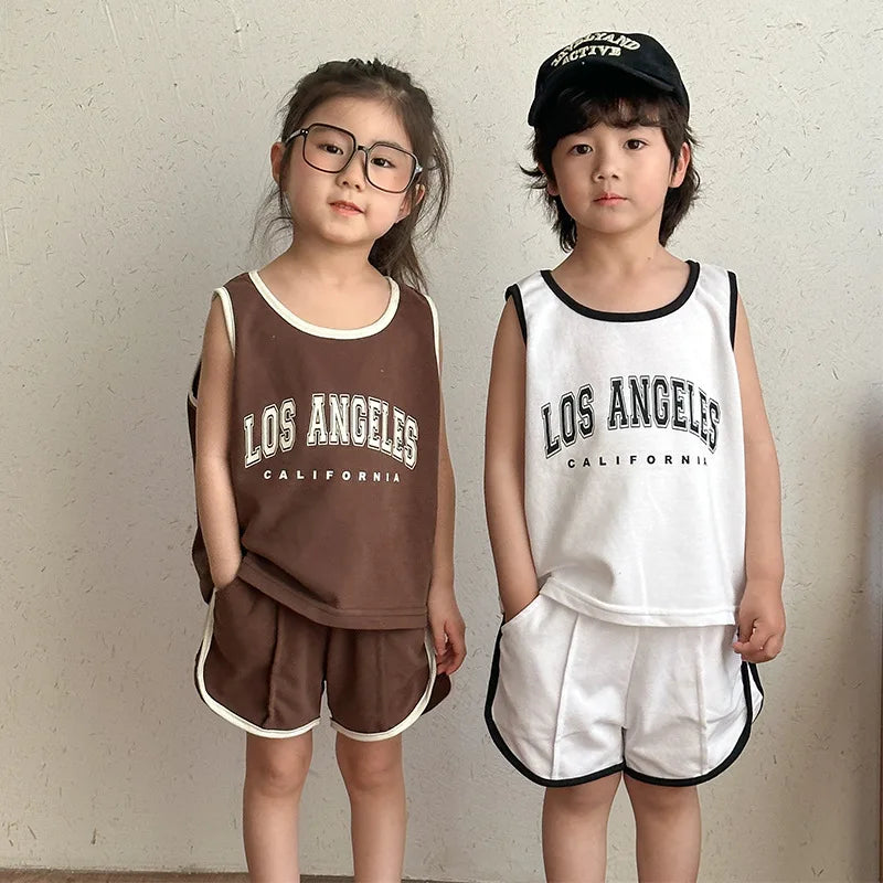New Summer Kids Clothes Set Children Thin Style Letter Sports Suit Girls Tank Top Shorts Boys Outfits 4-6Y Unisex