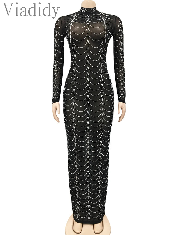 Sexy Rhinestone Sheer Mesh Long Sleeve  Party Dress